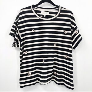 The Great Embroidered Boxy Crew Tee Short Sleeve Cotton Shirt Stripe Black White